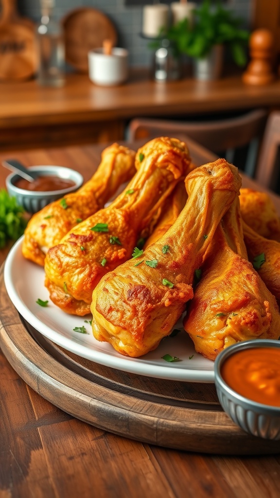Crispy chicken drumsticks on a plate garnished with herbs, served with dipping sauces.